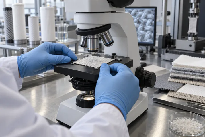 Laboratorní kontrola vzorku filtrační tkaniny pod optickým mikroskopem
